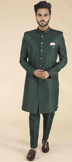 Green color IndoWestern Dress in Art Silk fabric with Broches work