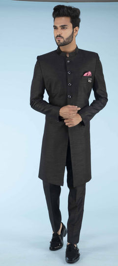 Black and Grey color IndoWestern Dress in Art Silk fabric with Broches work