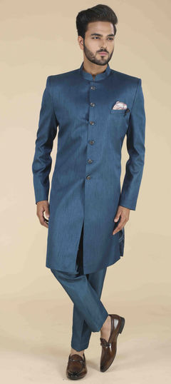 Blue color IndoWestern Dress in Art Silk fabric with Broches work
