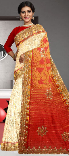Beige and Brown color Saree in Kanchipuram Silk, Silk fabric with Embroidered, Stone, Weaving work