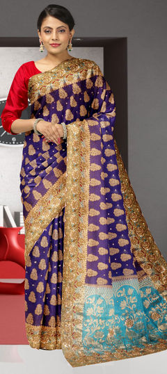 Bridal, Wedding Blue color Saree in Kanchipuram Silk, Silk fabric with South Embroidered, Stone, Weaving work : 1804406