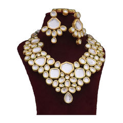 Gold Rodium Polish White and Off White color Necklace in Metal Alloy studded with Kundan