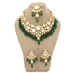Gold Rodium Polish Green color Necklace in Metal Alloy studded with Kundan
