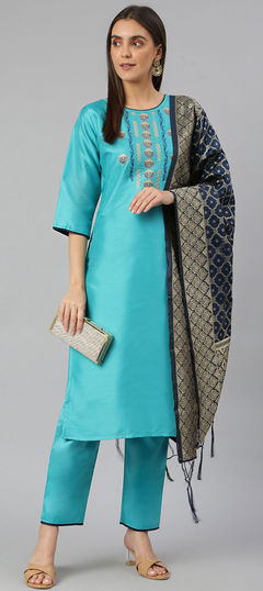 Blue color Salwar Kameez in Blended fabric with Embroidered, Thread work