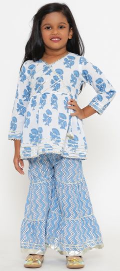 Blue, White and Off White color Girls Top with Bottom in Cotton fabric with Floral, Gota Patti, Printed work