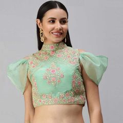 Green color Blouse in Organza Silk fabric with Embroidered, Thread work