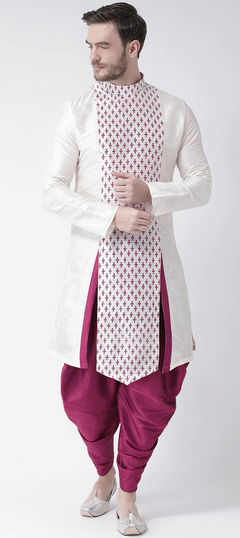White and Off White color Dhoti Kurta in Dupion Silk fabric with Printed work