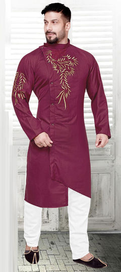 Purple and Violet color Kurta Pyjamas in Blended Cotton fabric with Embroidered, Thread work