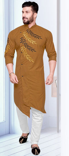 Beige and Brown color Kurta Pyjamas in Blended Cotton fabric with Embroidered, Thread work