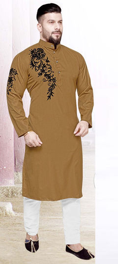 Beige and Brown color Kurta Pyjamas in Blended Cotton fabric with Thread work