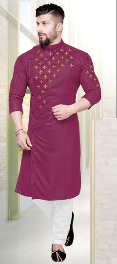 Purple and Violet color Kurta Pyjamas in Blended Cotton fabric with Embroidered, Thread work