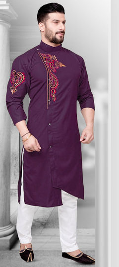 Purple and Violet color Kurta Pyjamas in Blended Cotton fabric with Thread work