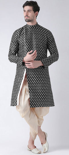 Black and Grey color Dhoti Kurta in Dupion Silk fabric with Printed work