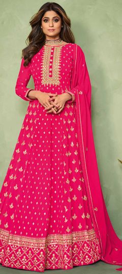 Pink and Majenta color Salwar Kameez in Faux Georgette fabric with Embroidered, Sequence, Thread, Zari work