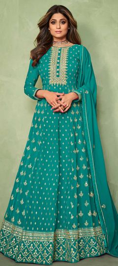 Green color Salwar Kameez in Faux Georgette fabric with Embroidered, Sequence, Thread, Zari work