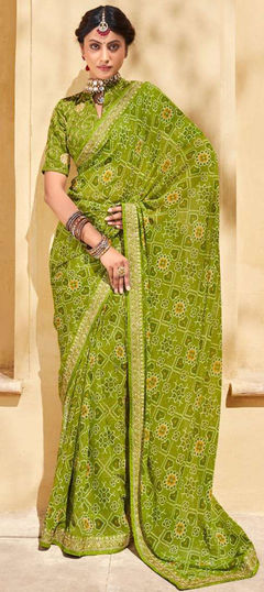 Green color Saree in Chiffon fabric with Bandhej, Printed work