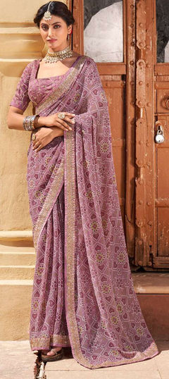 Purple and Violet color Saree in Chiffon fabric with Bandhej, Printed work