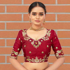 Red and Maroon color Blouse in Bangalore Silk fabric with Embroidered, Resham, Thread work