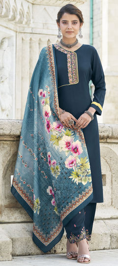 Blue color Salwar Kameez in Rayon fabric with Embroidered, Thread work