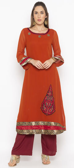 Orange color Tunic with Bottom in Georgette fabric with Embroidered, Patch, Resham, Thread work