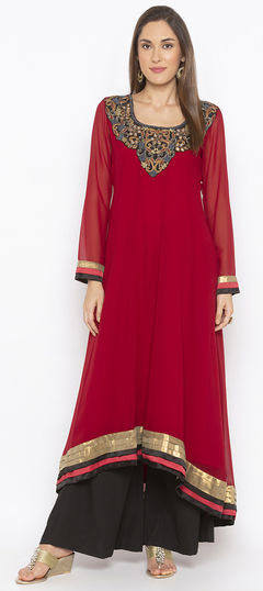 Red and Maroon color Tunic with Bottom in Georgette fabric with Bugle Beads, Embroidered, Mirror, Patch, Resham, Thread work