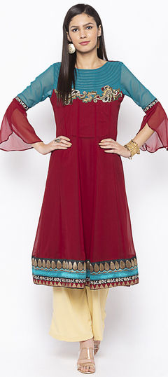 Red and Maroon color Tunic with Bottom in Georgette fabric with Bugle Beads, Patch, Resham, Stone work