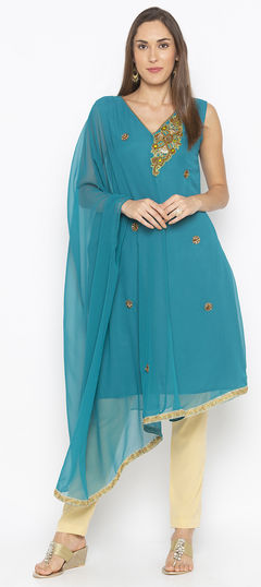 Blue color Tunic with Bottom in Georgette fabric with Bugle Beads, Stone, Zardozi work