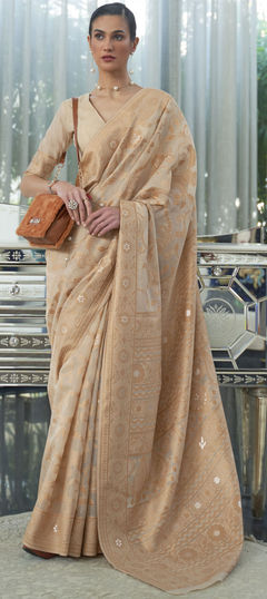 Beige and Brown color Saree in Art Silk, Silk fabric with Embroidered, Resham, Thread work