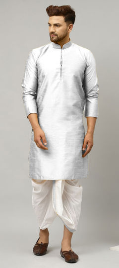 Black and Grey color Dhoti Kurta in Dupion Silk fabric with Thread work