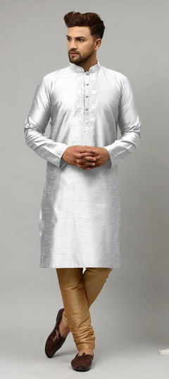 Black and Grey color Kurta Pyjamas in Dupion Silk fabric with Thread work