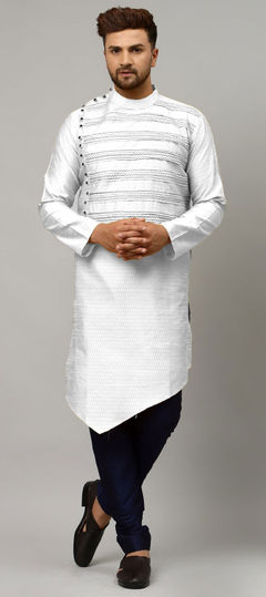 Black and Grey color Kurta Pyjamas in Dupion Silk fabric with Thread work