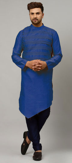 Blue color Kurta Pyjamas in Dupion Silk fabric with Thread work