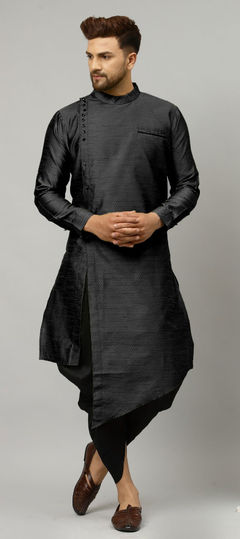 Black and Grey color Dhoti Kurta in Dupion Silk fabric with Thread work