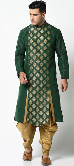Green color Dhoti Kurta in Dupion Silk fabric with Weaving work