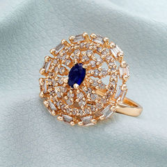 Gold Rodium Polish Blue color Ring in Metal Alloy studded with Austrian diamond