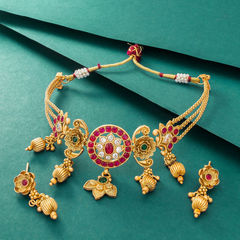 Gold Rodium Polish Multicolor color Necklace in Metal Alloy studded with CZ Diamond