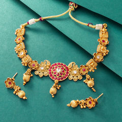 Gold Rodium Polish Red and Maroon color Necklace in Metal Alloy studded with CZ Diamond
