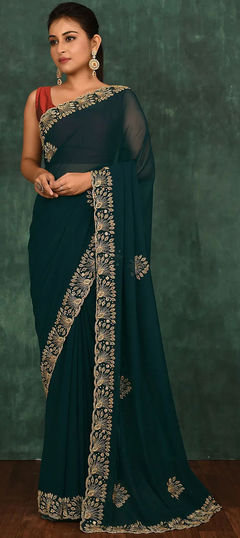 Blue color Saree in Georgette fabric with Cut Dana, Zircon work