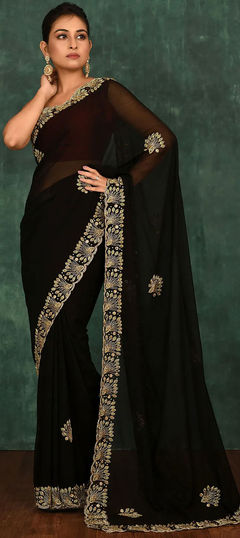 Black and Grey color Saree in Georgette fabric with Cut Dana, Zircon work