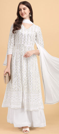 White and Off White color Salwar Kameez in Faux Georgette fabric with Embroidered, Lace, Sequence work