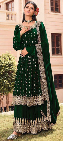 Green color Salwar Kameez in Faux Georgette fabric with Embroidered, Thread, Zari work