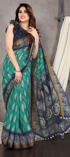 Blue color Saree in Cotton fabric with Printed work