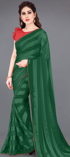 Green color Saree in Faux Georgette fabric with Lace work