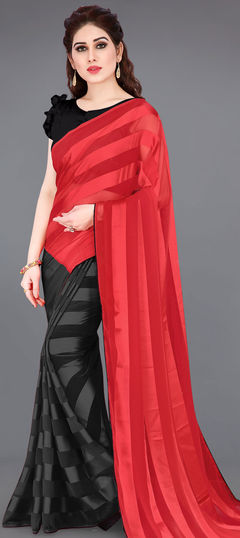 Black and Grey, Red and Maroon color Saree in Faux Georgette fabric with Lace work