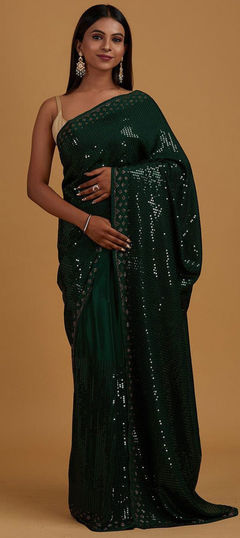 Green color Saree in Georgette fabric with Embroidered, Sequence, Thread work