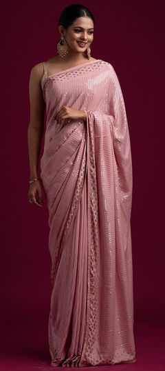 Pink and Majenta color Saree in Georgette fabric with Embroidered, Sequence, Thread work