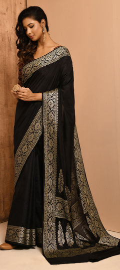 Black and Grey color Saree in Banarasi Silk, Silk fabric with Weaving work