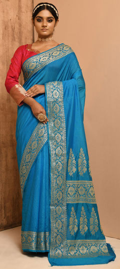 Blue color Saree in Banarasi Silk, Silk fabric with Weaving work