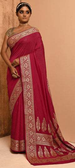 Red and Maroon color Saree in Banarasi Silk, Silk fabric with Weaving work