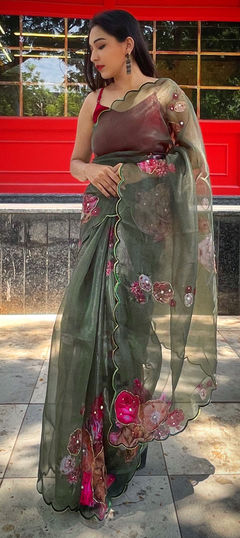 Green color Saree in Organza Silk, Silk fabric with Bugle Beads, Floral, Printed work